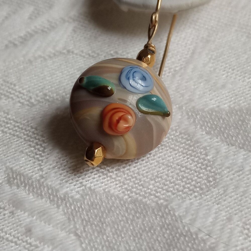 Orange, Blue Roses Sunset wedding style Lampwork Beads Dangle Earrings earrings